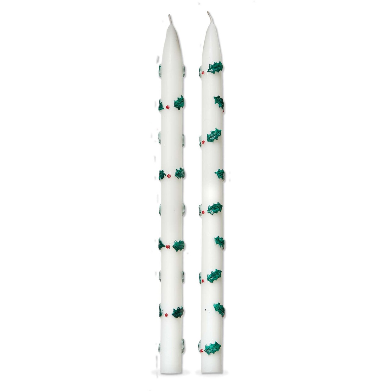 Holly Berries Hand Painted Taper Candles - Christmas Green Multi, 12" Tall, 6-Hour Burn Time, Paraffin Wax